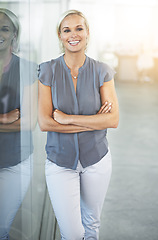 Image showing Proud, smile and thinking business woman confident in working for a company or real estate agency office. Success, goals and professional or employee arms crossed happy for property development