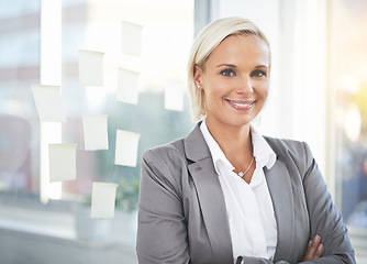 Image showing Confident, smile and portrait of woman accountant, employee or entrepreneur working for a corporate company or agency. Success, goals and professional person arms crossed happy for job development