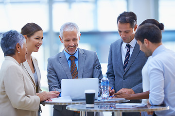 Image showing Ceo, laptop and mento with business people in meeting for coaching, planning and strategy. Website, leadership and project management with employees in office for boss, training and director