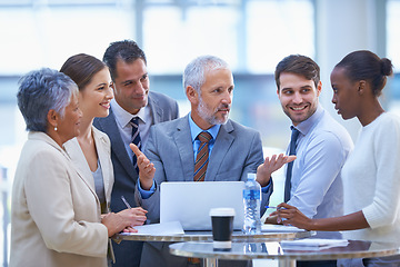 Image showing Ceo, confused and planning with business people in meeting for coaching, mentor and strategy. Question, leadership and project management with employees in office for boss, training and director