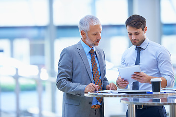 Image showing Internship, tablet and manager talking to employee in a meeting or search internet, online or website for information. Mockup, mentor and senior businessman coaching young person in training for job