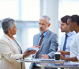 Image showing Ceo, tablet and teamwork with business people in meeting for coaching, mentor and strategy. Corporate, leadership and project management with employees in office for boss, training and director