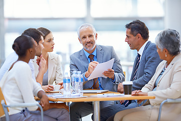 Image showing Ceo, leadership and portrait of man in business meeting for coaching, mentor and strategy. Corporate, manager and project management with employees in office for boss, training and director