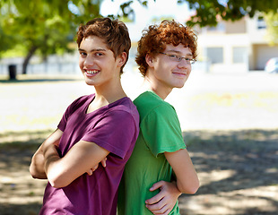 Image showing Portrait, kids and friends in a park together during summer for bonding outdoor on holiday. Friendship, children or boys with a young child and best friend outside in the day on a blurred background