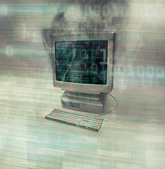 Image showing Smoke, computer problem and code overlay with no people and broken screen with burning. Isolated, white background and double exposure with issue from pc virus, cyber burnout and system overload