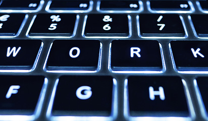 Image showing Closeup macro, laptop and keyboard with shine, backlit or technology for email communication, coding or iot. Pc, computer and button for typing, networking or data for connection, seo or programming