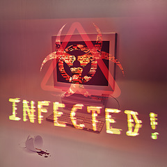 Image showing Computer, cyber security and danger of toxic virus, threat or glitch with hologram overlay by background. Vintage desktop, retro pc and holographic sign for information technology with safety warning