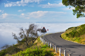 Image showing Road, nature and travel landscape, direction and destination with asphalt and highway in South Africa. Environment, street and location with journey and traveling view outdoor with horizon and path