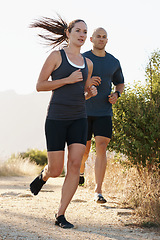 Image showing Mountain, fitness and people trail running as workout or morning exercise for health and wellness together. Sport, man and woman runner run with athlete as training in nature for sports or energy