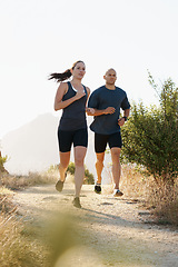 Image showing Morning, fitness and couple trail running as workout or morning exercise for health and wellness together. Sport, man and woman runner run with athlete as training in nature for sports or energy