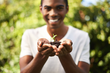 Image showing Black man portrait, sustainability and plant growth in nature for gardener, environment development and dirt. Soil, growing and sustainable eco friendly work of a person with care, smile and outdoor