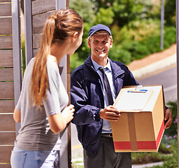 Image showing Delivery, shipping and box with courier and woman at door for logistics, cargo and supply chain. Ecommerce, package and export with man and customer at home for distribution, freight and retail