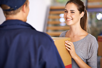 Image showing Delivery, shipping and courier with woman at door for logistics, cargo and supply chain. Ecommerce, package and export with man giving customer box at home for distribution, freight and retail