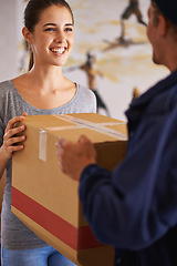 Image showing Delivery, shipping and courier with woman and product for logistics, cargo and supply chain. Ecommerce, package and export with man giving customer box at home for distribution, freight and retail