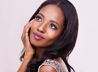 Image showing Face, thinking and beauty of black woman in studio for makeup, eyelash or hair extension idea. Headshot of aesthetic african female model on a pink background for facial cosmetics and skin glow