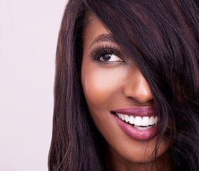 Image showing Face, hair and beauty of black woman in studio for makeup, human extension or cosmetics. Headshot of happy african female model on pink background thinking of dental care, glow or luxury skincare