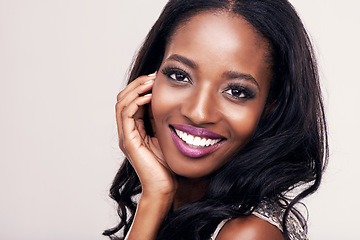 Image showing Beauty, smile portrait and face of black woman in studio for makeup and cosmetics. Headshot of african female model happy on a white background for facial care mockup, skin glow and luxury aesthetic