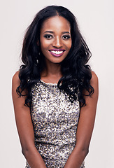 Image showing Beauty, smile and face portrait of a black woman in studio for makeup, hair extension or fashion. Happy african female model on a white background for facial cosmetics, skin glow and luxury aesthetic