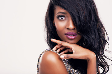 Image showing Beauty, hair and makeup on face of black woman in studio for eyelash or hair extension. Headshot of african female model on a white background for cosmetics mockup, skin glow and luxury aesthetic