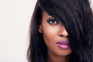 Image showing Portrait, beauty and face of black woman in studio for makeup, hair extension or cosmetics. Headshot of african female model on a white background for facial shine, skin glow or skincare mockup