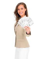 Image showing Business woman, portrait smile and money fan in finance for wealth, winning or salary against a white studio background. Isolated happy female person or model smiling with cash for financial freedom