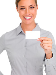 Image showing Woman, portrait smile and business card for advertising, marketing or branding against a white studio background. Isolated happy female person or employee showing poster or placard for advertisement