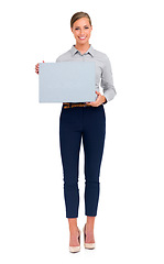 Image showing Business woman, portrait smile and poster for advertising or marketing against a white studio background. Isolated happy female person holding sign or billboard for advertisement with mockup space