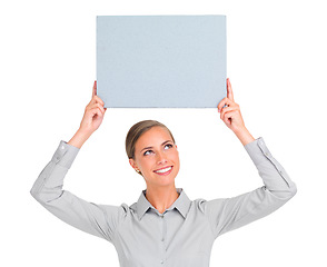 Image showing Happy woman, poster and business advertising, marketing or branding against a white studio background. Isolated female person with smile holding billboard or sign for advertisement on mockup space