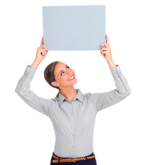 Image showing Happy woman, poster and sign for advertising, marketing or branding against a white studio background. Isolated female person with smile holding billboard or placard for advertisement on mockup space