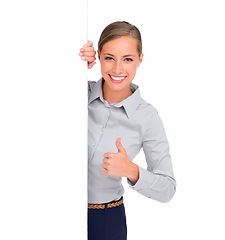 Image showing Happy woman, portrait and thumbs up with mockup space or banner for advertising against a white studio background. Isolated female person smile and thumb emoji, yes sign or like for business approval