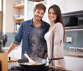 Image showing Food, portrait and happy couple in kitchen cooking, smile and preparing lunch in their home together. Dinner, face and man with woman relaxed, cheerful and enjoying for meal preparation in apartment