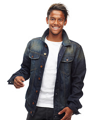 Image showing Smile, fashion and portrait of man on a white background with confidence, happy and pride in studio. Excited, confident and isolated young male person with trendy clothes, style and denim jacket