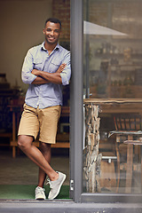 Image showing Coffee shop, black man and portrait of small business owner at door of retail startup. Entrepreneur, male person and manager of professional store with a smile for service, career pride and goals