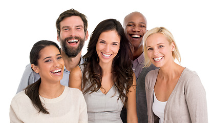 Image showing Business people, happiness in portrait with diversity and team isolated on white background. Success, professional group are laughing together with positivity and career mindset in collaboration