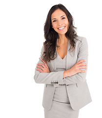 Image showing Business woman, arms crossed and smile in portrait with confidence in suit isolated on white background. Success, professional mindset and female model, mockup space and corporate fashion in studio