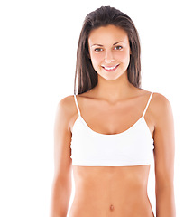 Image showing Woman, healthy body and underwear in studio portrait for wellness, beauty or youth by white background. Isolated young model, girl and lingerie with smile, health or aesthetic with happiness backdrop