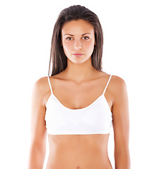 Image showing Isolated woman, healthy body and underwear in studio with wellness, beauty and youth by white background. Young model, girl and lingerie with fitness, health and aesthetic with vision by backdrop