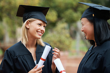 Image showing Graduation, girl friends laugh and study certificate of students with happy communication outdoor. Mockup, female student and graduate with happiness and college achievement with diploma and toga