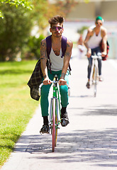 Image showing Bicycle, portrait and man or friends in city streetwear for college, university or outdoor travel in carbon footprint. Youth cycling or people in gen z fashion, bike for transport and park or campus