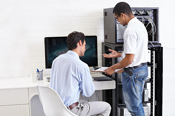 Image showing Server room, man or technician with clipboard talking to a client about cyber security glitch or hardware. Network, database or contract with a male engineer speaking of information technology help