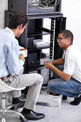 Image showing Server room, it support and maintenance with an engineer talking to a business man about cyber security. Network, database and consulting with a technician chatting about information technology