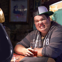 Image showing Plus size, man and silly face at a pub with a beer drink feeling funny with comedy. Male person, crazy portrait and alcoholic at a restaurant and club by counter with alcohol and cool style alone