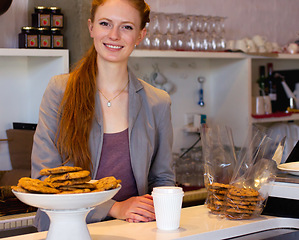 Image showing Bakery, portrait and happy woman, business owner or entrepreneur in store. Restaurant, face and smile of professional cashier person from Norway in shop with pride for career, job and success mindset