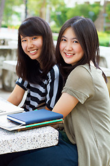 Image showing University, smile and portrait of girl students with scholarship sitting outdoor on campus for education. Knowledge, happy and Japanese female college friends bonding in a park or garden with books.