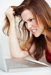 Image showing Stress, angry and a woman with a laptop for an email, technology glitch or connectivity fail. Anger, reading information and a girl frustrated about an online problem, computer mistake or overworked