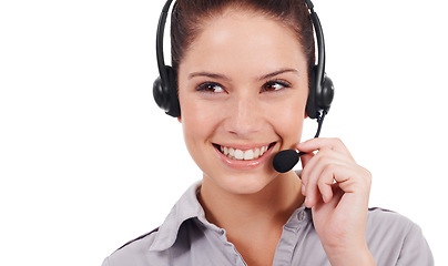 Image showing Customer service face, call center studio and happy woman on business chat, discussion or telemarketing sales pitch. Female consultant, communication and tech support consulting on white background