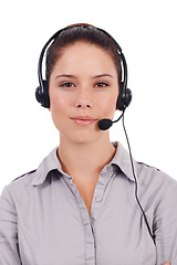 Image showing Customer service portrait, call center studio and woman on business chat, telecom mic or telemarketing communication. Female consultant, profile picture or tech support consulting on white background