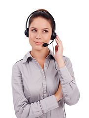 Image showing Customer service communication, studio and woman listen to conversation, telecom advice or telemarketing consulting. Callcenter person, contact us CRM and insurance agent talking on white background