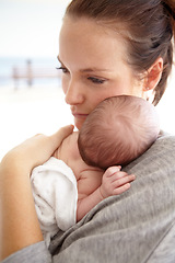 Image showing Family, hug and mother with a baby, love and sleeping with care, bonding and loving together. Mama, infant and toddler embrace, rest and relax with child development, newborn and support with safety