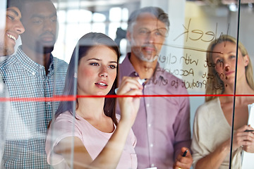 Image showing People in brainstorming meeting, writing ideas on glass for creative business project at marketing startup and teamwork. Woman team leader, collaboration and strategy plan with market research